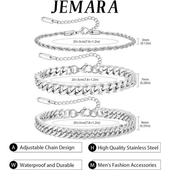 Mens Silver Cuban Chain Bracelet Set Stainless Steel Adjustable Waterproof - Picture 5 of 7